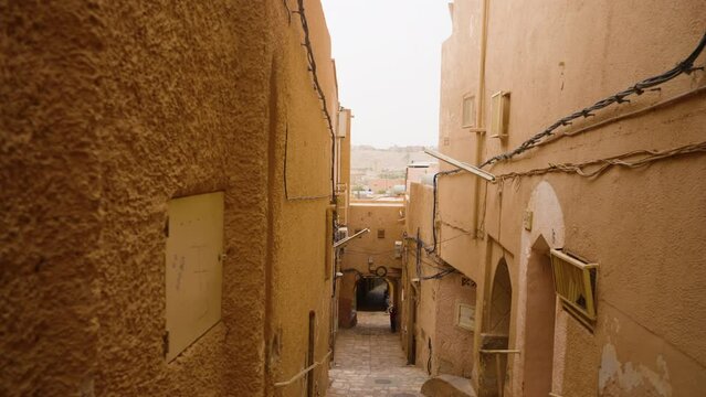 Fortified Town With Red Clay Houses In M'Zab Valley, Ghardaia, Algeria. Aerial Close Up