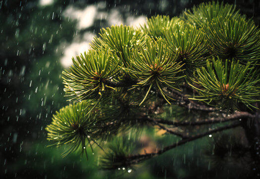 a picture of a pine tree and rain falling over it