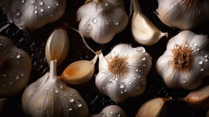 Garlic background abstract texture, closeup photo with water drops 