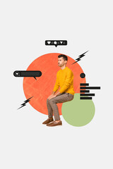 Poster banner collage of sad young guy influencer feel bad about low reaction on social media posts