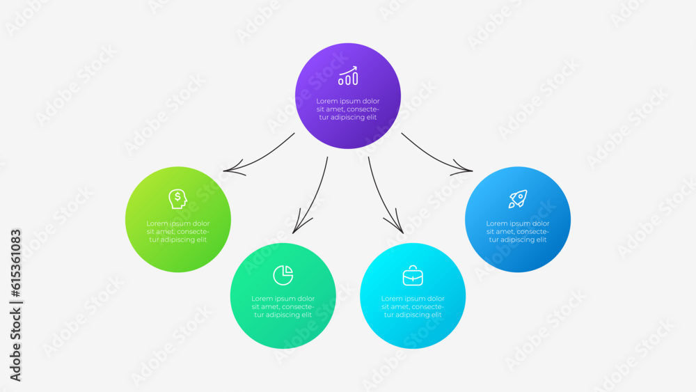 Aufkleber Flow chart infographic slide with 4 circles and doodle arrows. Concept of business project visualization. Infochart design template