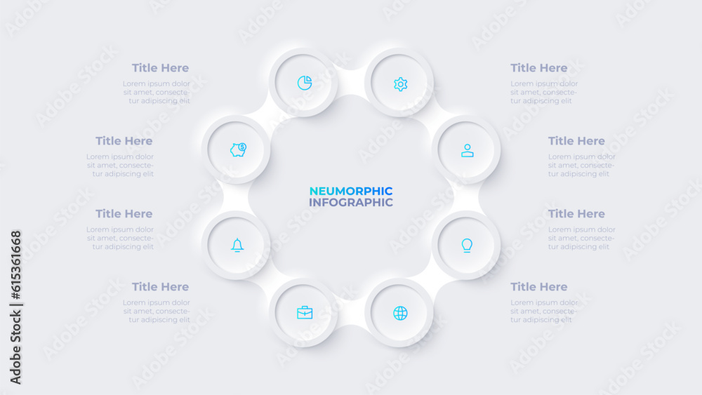 Poster metaball with eight circles in the shape of a octagon. cycle infographic template with 8 options