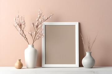 Empty wooden picture frame mockup on a wall with flower vase