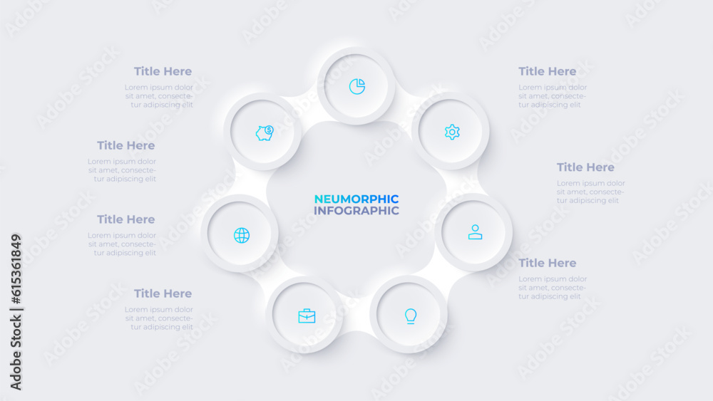 Poster Metaball with seven circles in the shape of a heptagon. Cycle infographic template with 7 options