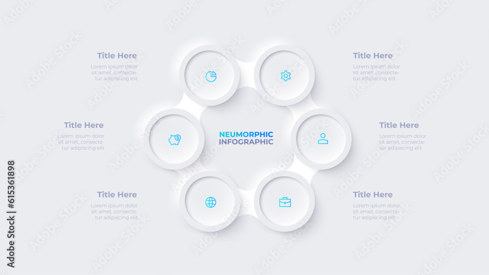 Poster Metaball with six circles in the shape of a hexagon. Cycle infographic template with 6 options