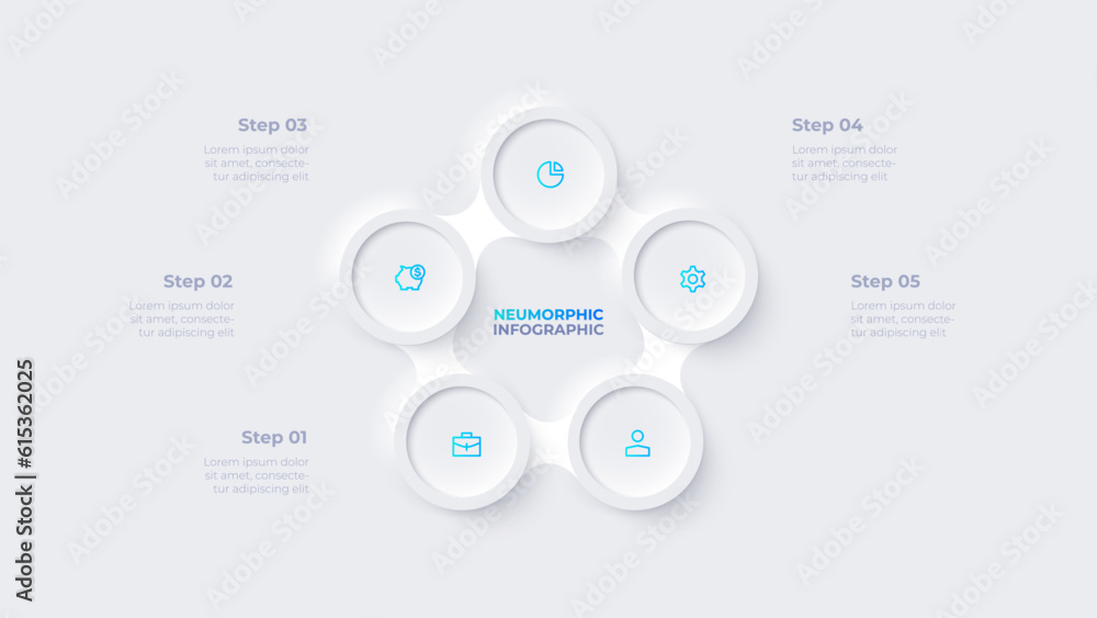 Poster Metaball with five circles in the shape of a pentagon. Cycle infographic template with 5 options