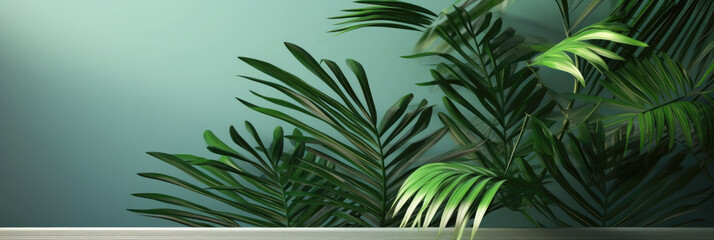 Beautiful indoor palm plant.House decoration.. Copy space for text. Banner.Generative AI