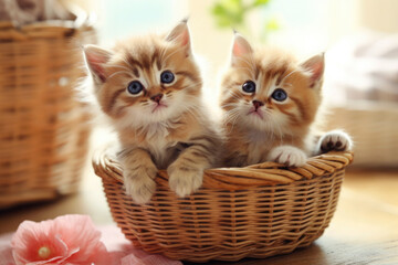 Fototapeta na wymiar Two cute kittens are sitting in a wicker basket.Generative AI