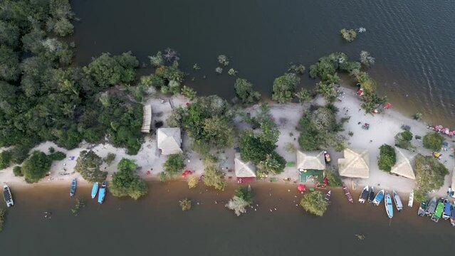 aerial top down of alter do Chao  Ilha do Amor (Island of Love), a narrow strip of paradise in  Rio Tapaj&oacute;s para state Brazil aerial footage
