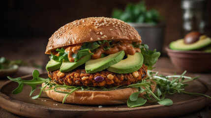 The photo showcases a mouthwatering burger that is a true feast for the senses. The juicy, perfectly grilled patty is nestled between two toasted buns, topped with melted cheese that oozes with delici