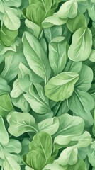 Obraz premium Fresh Organic Spinach Vegetable Background, Vertical Watercolor Illustration. Healthy Vegetarian Diet. Ai Generated Soft Colored Watercolor Illustration with Delicious Juicy Spinach Vegetable.