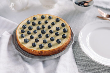 Delicious homemade cheesecake on table.