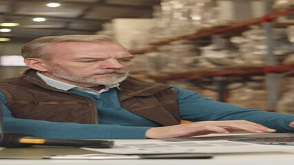 Vertical waist up of mature Caucasian male warehouse manager working on laptop, controlling merchandise of goods at shift - Powered by Adobe