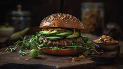 The photo showcases a mouthwatering burger that is a true feast for the senses. The juicy, perfectly grilled patty is nestled between two toasted buns, topped with melted cheese that oozes with delici