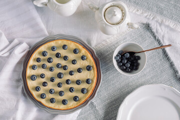 Pie made of cottage cheese, almond flour, eggs, ricotta, stevia and decorated with blueberries. Low-carb dessert for diabetics.