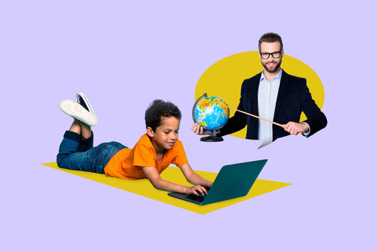 Banner poster collage of boy pupil using digital netbook watch video lesson with his teacher about ecology - Powered by Adobe