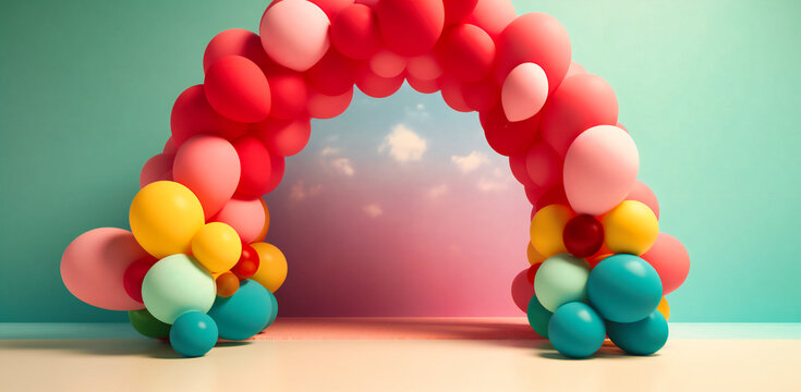 rainbow with balloons and clouds on a balloon backdrop