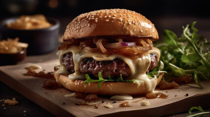 The photo showcases a mouthwatering burger that is a true feast for the senses. The juicy, perfectly grilled patty is nestled between two toasted buns, topped with melted cheese that oozes with delici