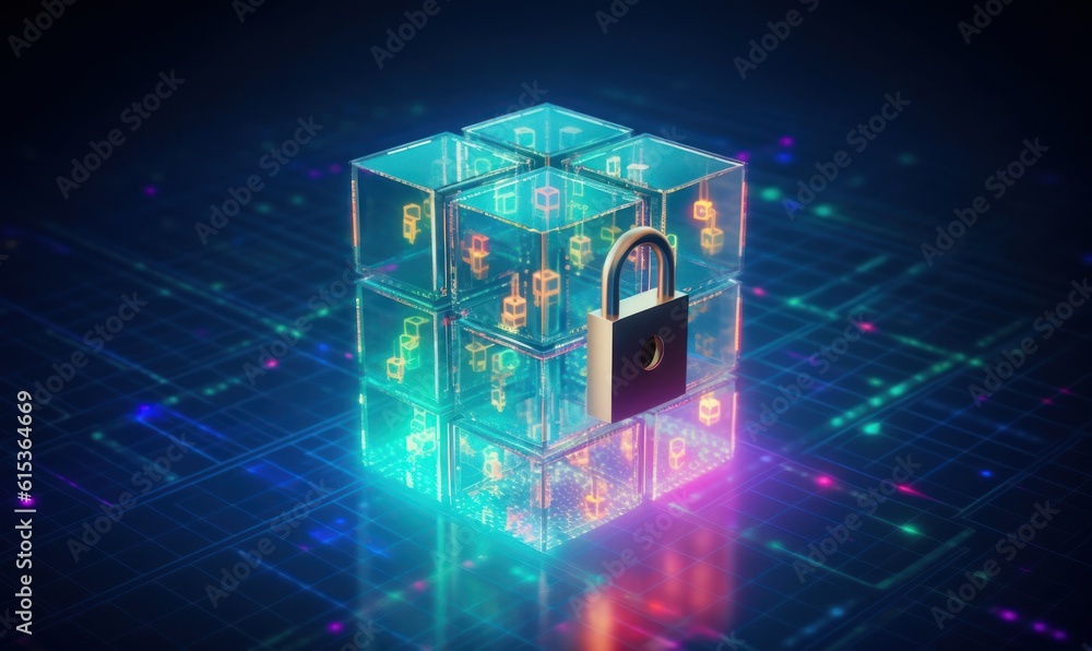 Poster blockhain technology background, decentralized networks concept, encrypted blocks security. generati