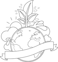 Earth globe growing a healthy tree, the sun, water and clouds. Blank banner to fill in text. Vector black and white coloring page.