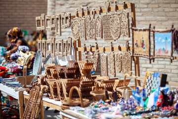 wooden decoration items in a street shop