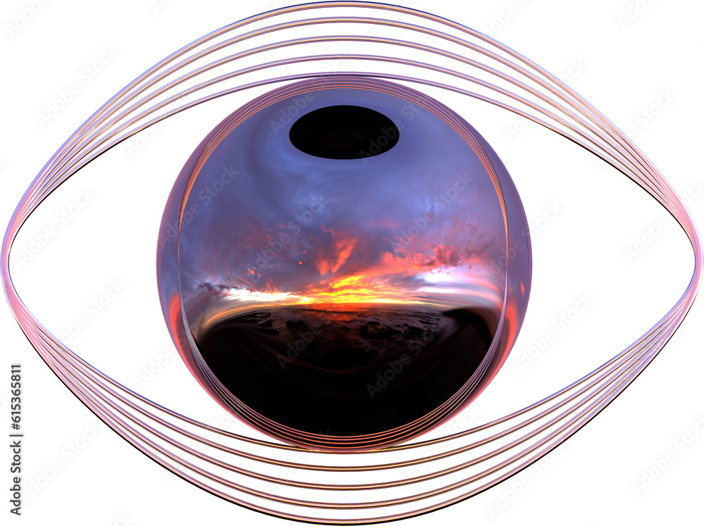 Wall mural 3d abstract metal chrome eye in a surreal style with a transparent background