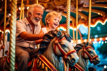 Obraz na płótnie Canvas Senior man and his grandson riding a carousel