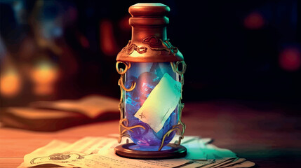 Antique bottle with a letter glows in the dark. Old message. Magic elixir. A small old bottle with a note on the table in a dark room. Perfume bottle. Magic and mysticism. Antique illustration. - obrazy, fototapety, plakaty