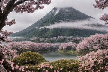 Sakura blossoms in japanese style ornamental garden, beautiful landscape. Generative AI.