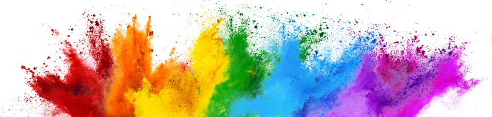 colorful rainbow holi paint color powder explosion with bright colors isolated  white wide panorama background - obrazy, fototapety, plakaty