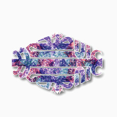 Sticker Style Arabic Calligraphy of Eid-Ul-Adha Mubarak in Abstract Pattern Against White Background.