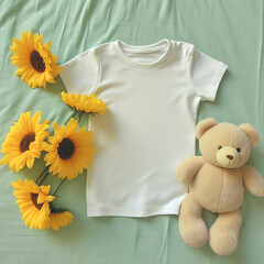 Mockup of a White Children T-shirt in a Green Background Surround by Sunflowers