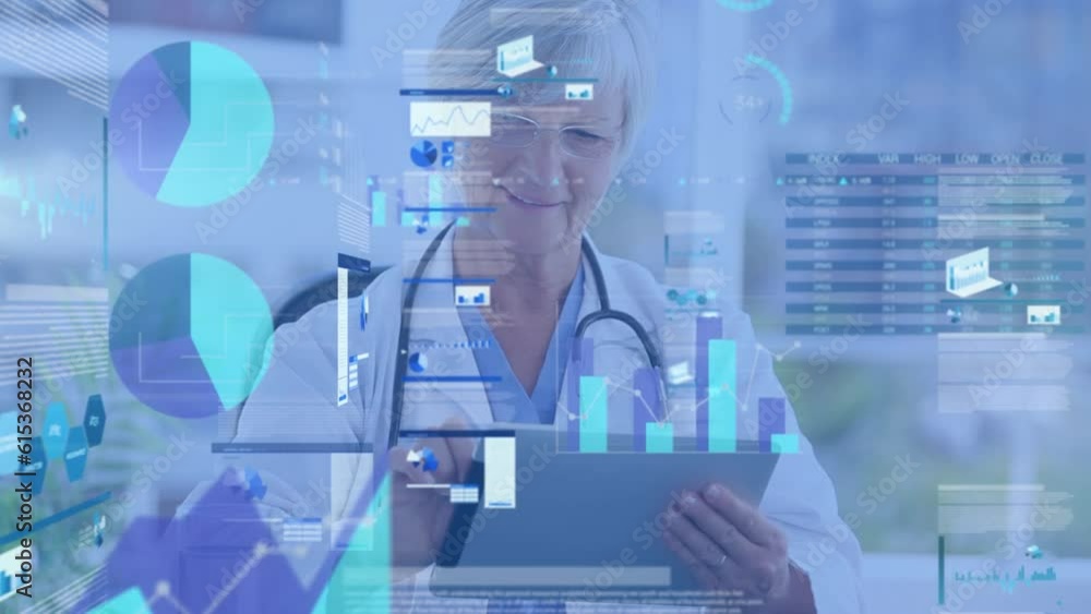 Poster animation of multiple graphs and trading board over smiling female caucasian doctor using tablet
