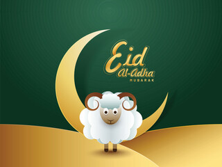 Eid-Al-Adha Mubarak Concept with Golden Crescent Moon and Paper Sheep on Green Background.