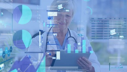 Animation of multiple graphs and trading board over smiling female caucasian doctor using tablet - Powered by Adobe