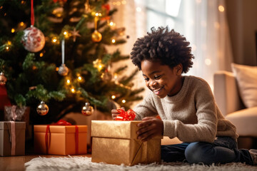 African american kid opening Christmas gift, happy, christmas, eve, present, box, holidays, children