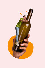 Composite illustration collage of good mood guy adventures have fun glass bottle wine cabernet...