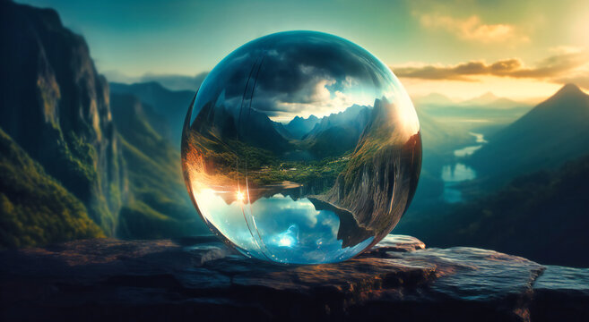 an interactive android hd wallpaper in a glass ball with a landscape