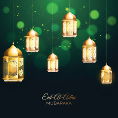 Eid-Al-Adha Mubarak Poster Design with Golden Arabic Lamps Hang Decorated on Green Bokeh Background.