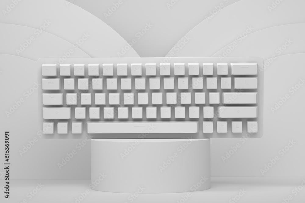 Poster realistic computer keyboard on cylinder podium with step on monochrome