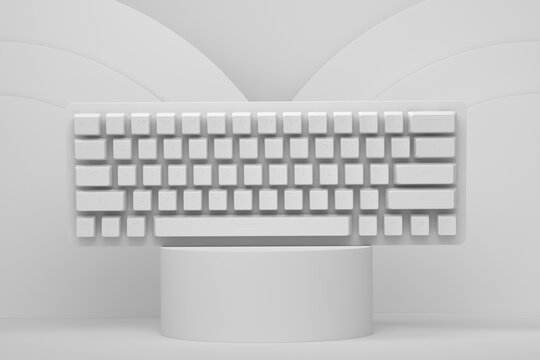 Realistic computer keyboard on cylinder podium with step on monochrome