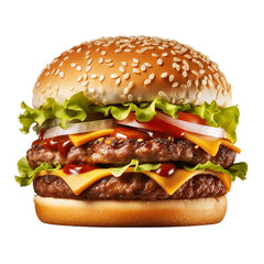 Fototapeta Tasty double beef burger isolated on transparent white background. Big fresh juicy cheeseburger fastfood with beef patty, tomatoes, cheese, cheddar, lettuce, ketchup for menu. generative ai obraz