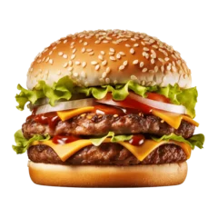Foto op Plexiglas Brood Tasty double beef burger isolated on transparent white background. Big fresh juicy cheeseburger fastfood with beef patty, tomatoes, cheese, cheddar, lettuce, ketchup for menu. generative ai