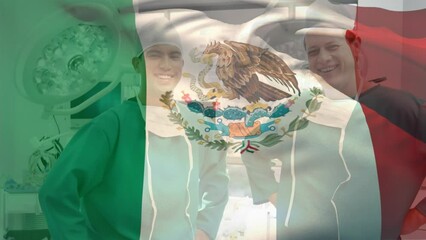 Animation of mexico flag waving over diverse surgeons standing in operation theater in hospital - Powered by Adobe