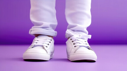 White sneakers on a purple background. Close-up of children's feet in white sneakers. Generative AI.