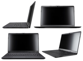 set collection of modern open black mobile laptop notebook computer with copy space and  blank screen in front side view isolated white background.  business technology concept