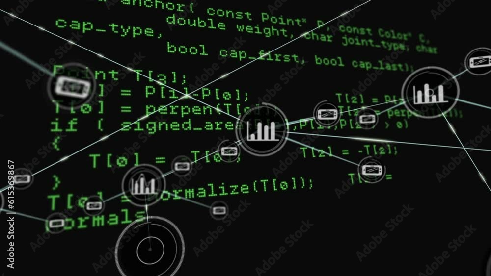 Poster animation of graph and cellphone connected icons over computer language against black background