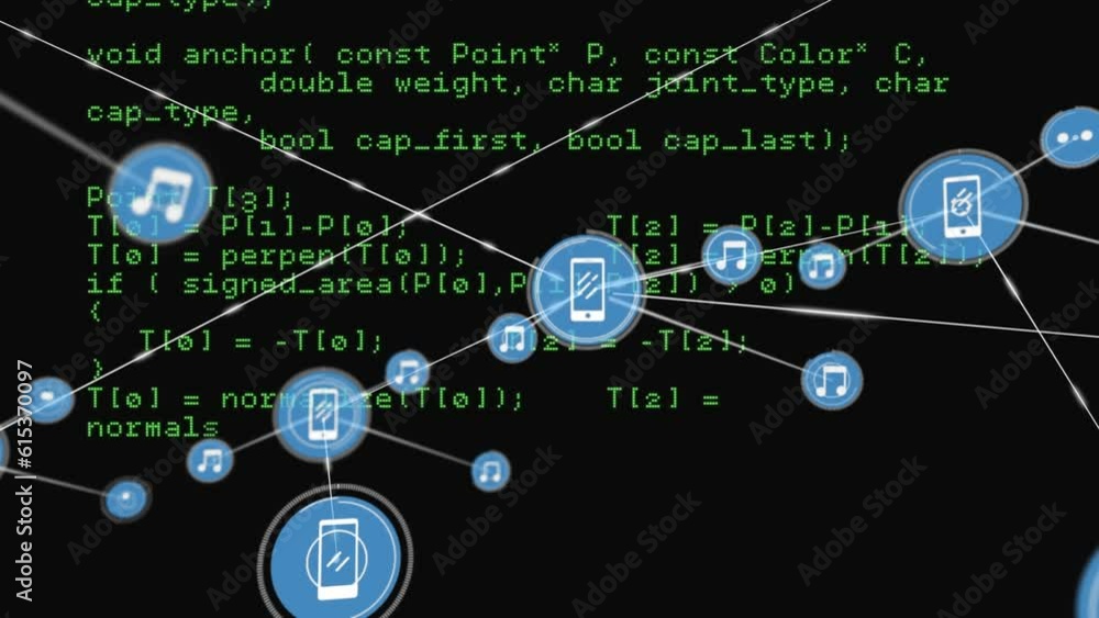 Poster animation of icons connected with lines over looping computer language against black background