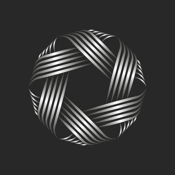 A ball of thread logo round shape metallic knot for the handmade sewing workshop, intersection thin silver parallel lines circular weaving pattern.