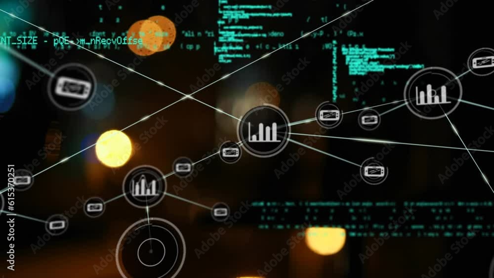 Aufkleber animation of connected icons over lens flares and computer language against black background